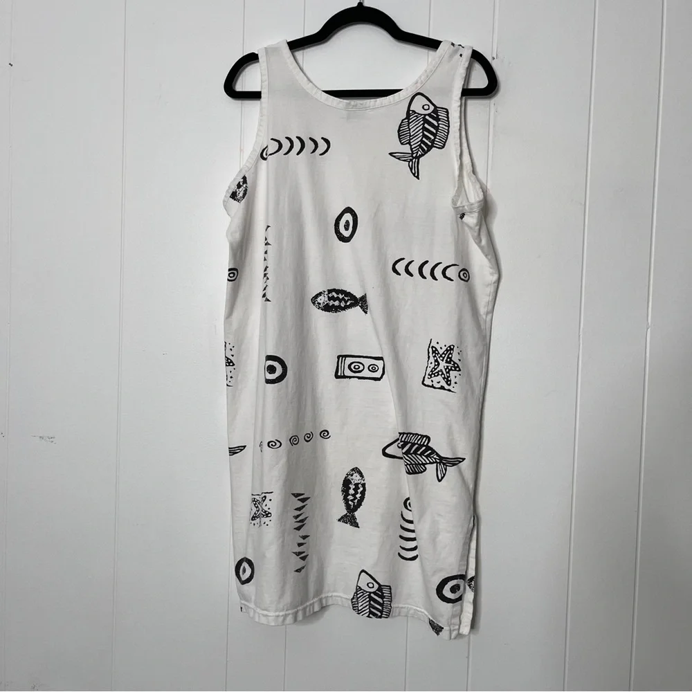 IN Gear Swim Coverup Tank Dress White with Black Fish Print 100% Rayon XL - Picture 2 of 8